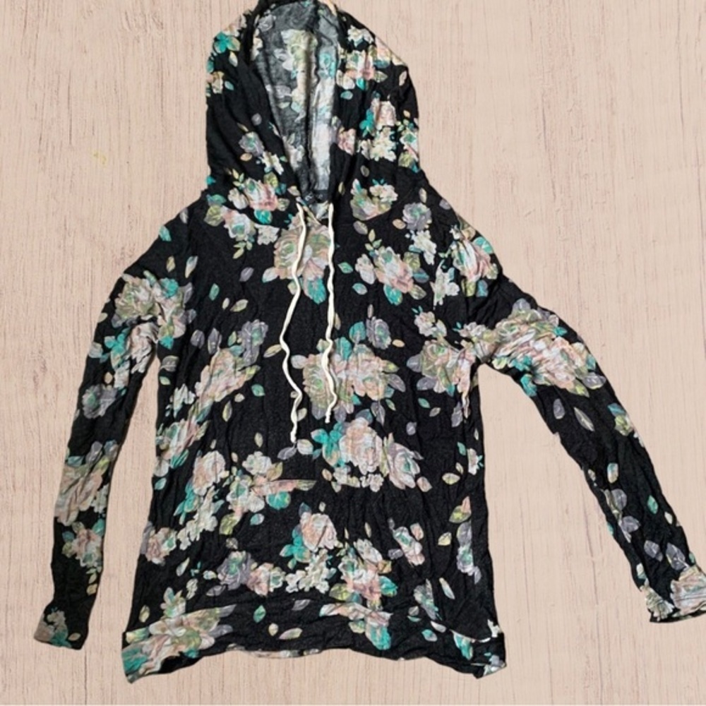 Jersey knit hoodie shirt floral lightweight tshirt hooded shirt strings small